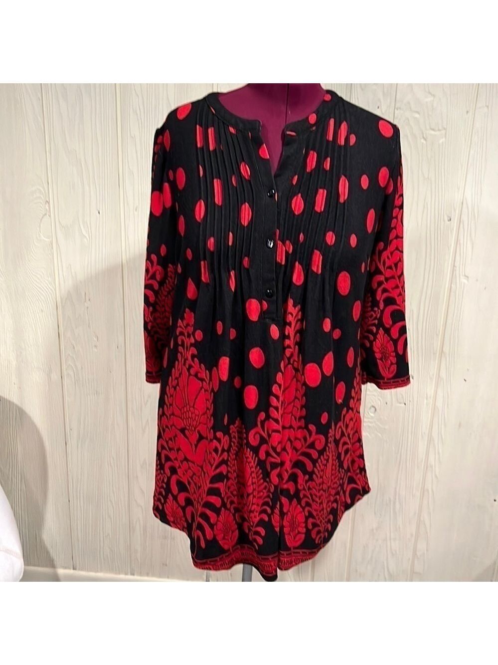 REBORN Sweater Dress or Tunic Red and Black 3/4 Sleeves